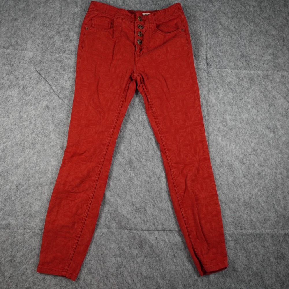 Pilcro Pant Women 27 Red Skinny‎ High Rise Button Fly Floral Textured Anthro